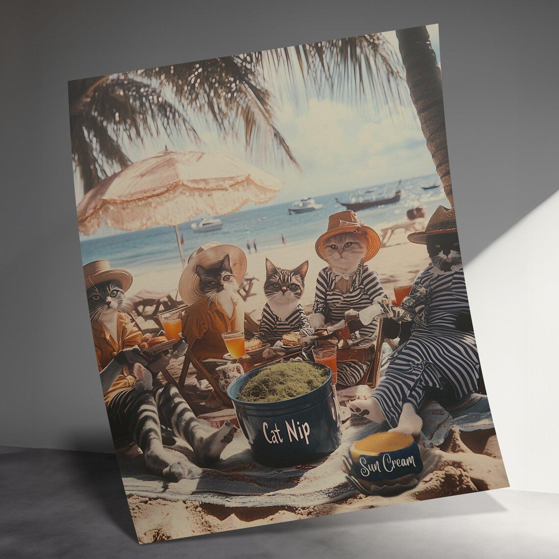 Vintage Cats Beach Picnic Retro Swimsuits Straw Hats Seaside Fun Poster - Image 3