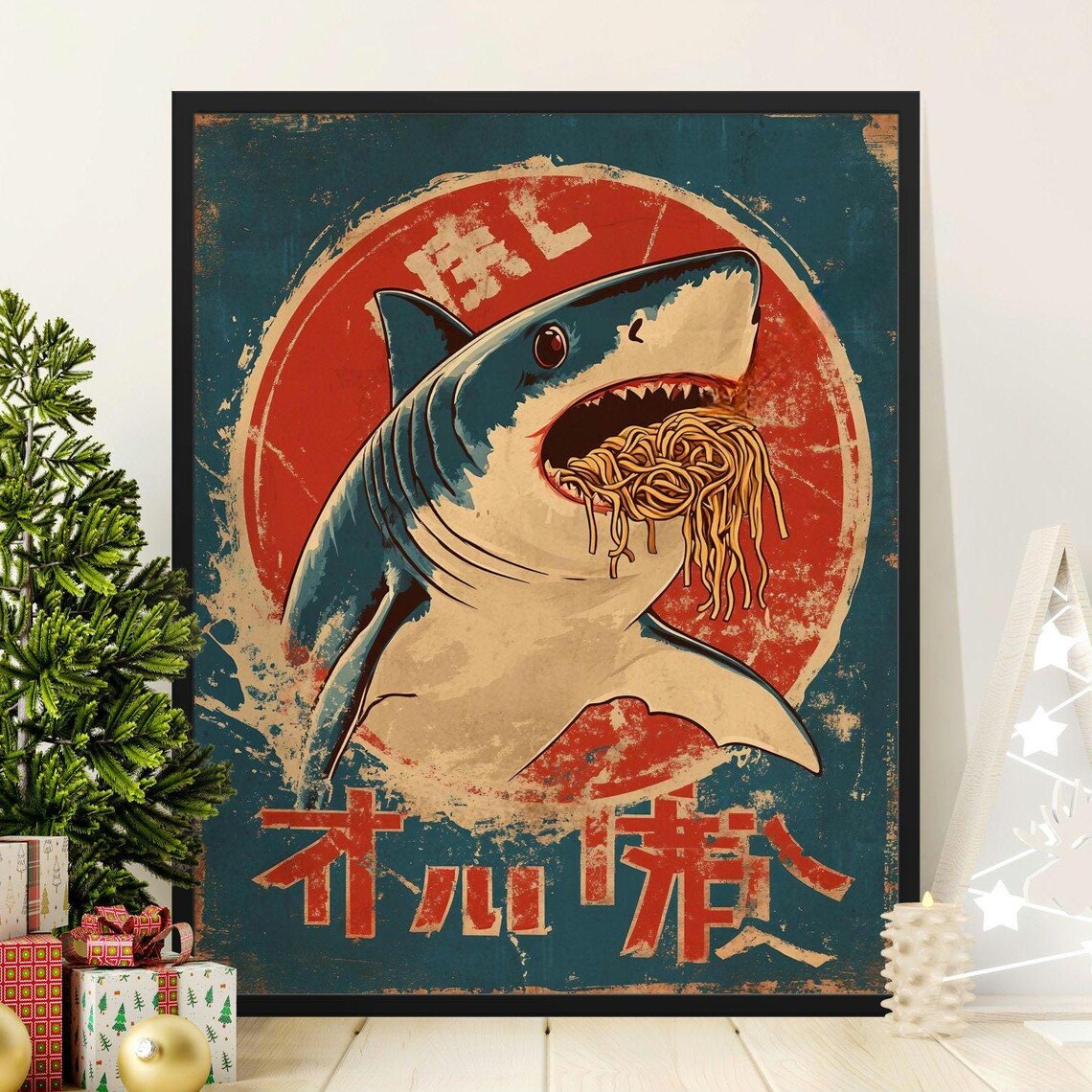 Shark Eating Spaghetti Red Sun Vintage Japanese Retro Sea Creature Poster