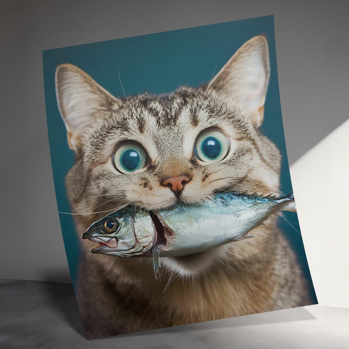 Tabby Cat Holding Fish In Mouth Photorealistic Close Up Cat Poster - Image 3