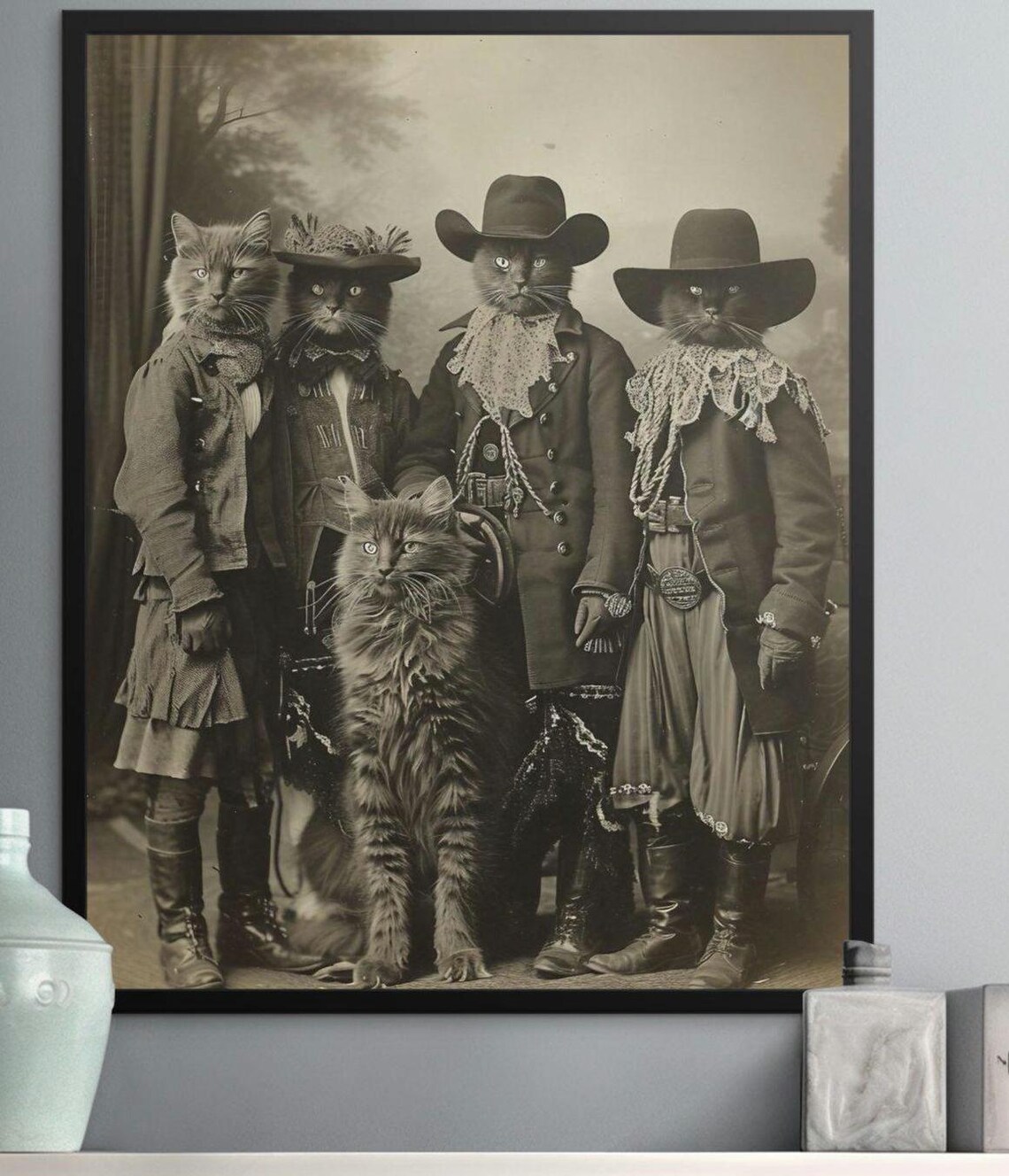 Cowboy Cats Vintage Group Portrait Quirky Wild West Feline Wall Art