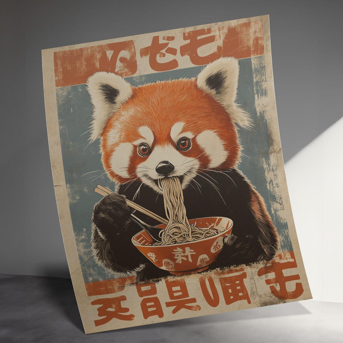 Cute Red Panda Eating Ramen Noodles Retro Japanese Kitchen Wall Poster - Image 2