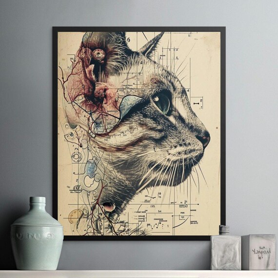 Vintage Cat Anatomy Diagram Profile Sketch on Aged Parchment Poster