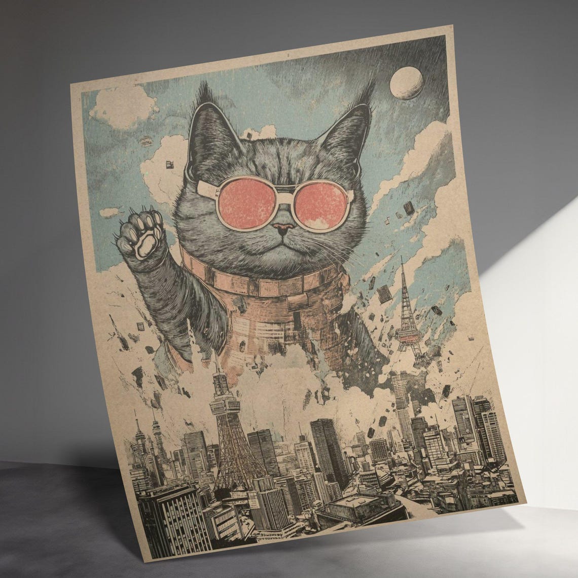 Giant Cat With Sunglasses Attacking Tokyo Skyline Retro Kaiju Poster - Image 3