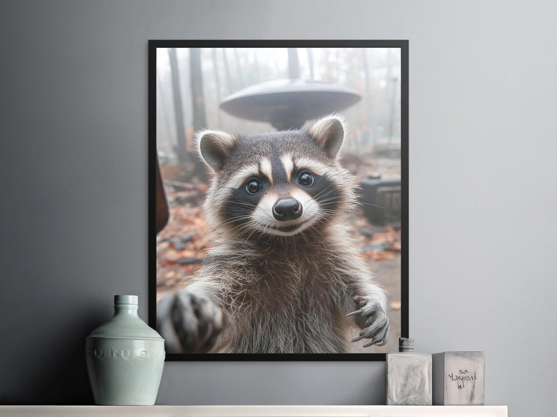 Cute Baby Raccoon Close Up Misty Forest Wildlife Photography Art Print - Image 2