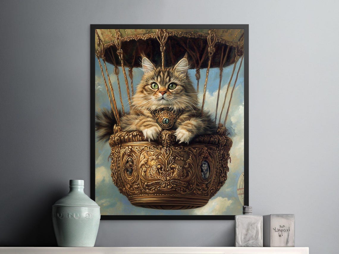 Fluffy Tabby Cat In Ornate Hot Air Balloon Basket Sky Whimsical Poster - Image 2