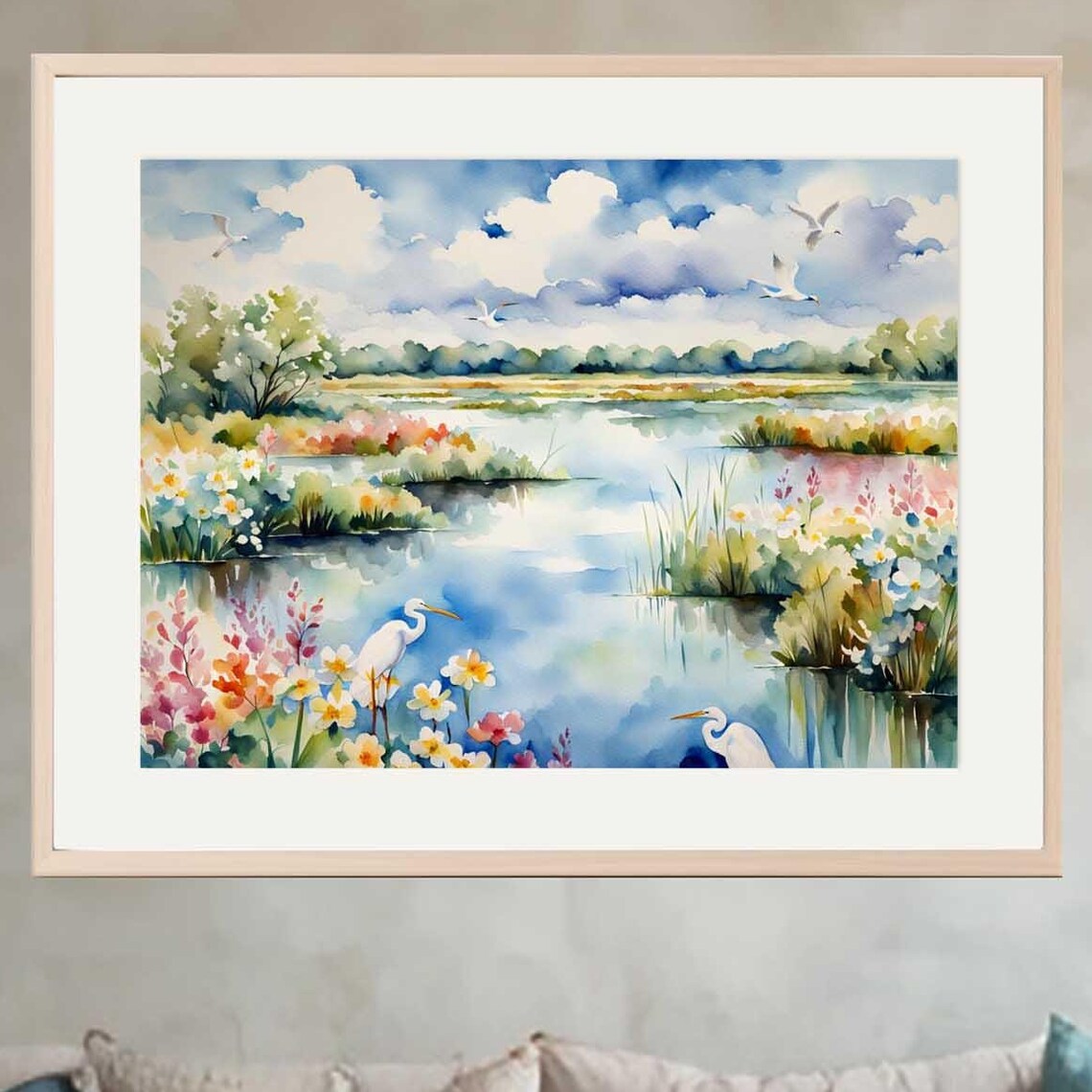 Great Egret Marsh Art Print, Watercolor Wetlands