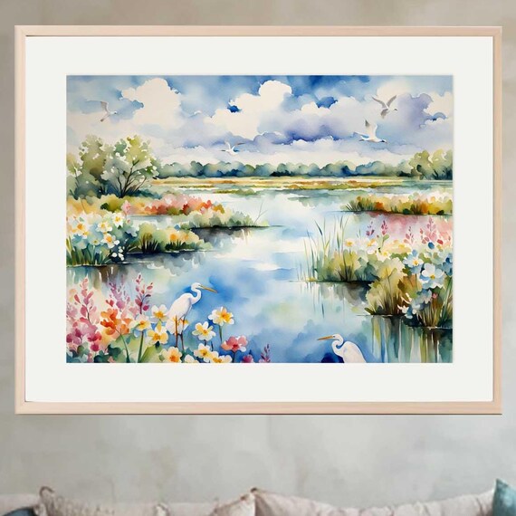 Great Egret Marsh Art Print, Watercolor Wetlands