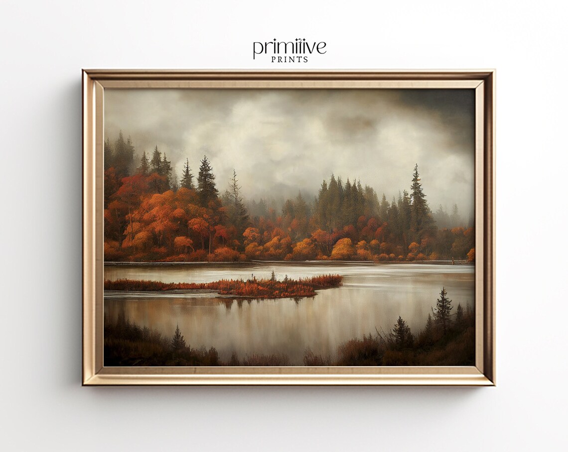 Autumn Landscape Print, Fall Foliage Lake Scene