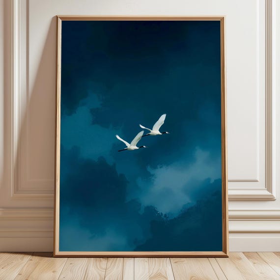 Large Dark Moody Blue Sky Art Print Flying White Swans Minimalist Nature Wall Decor