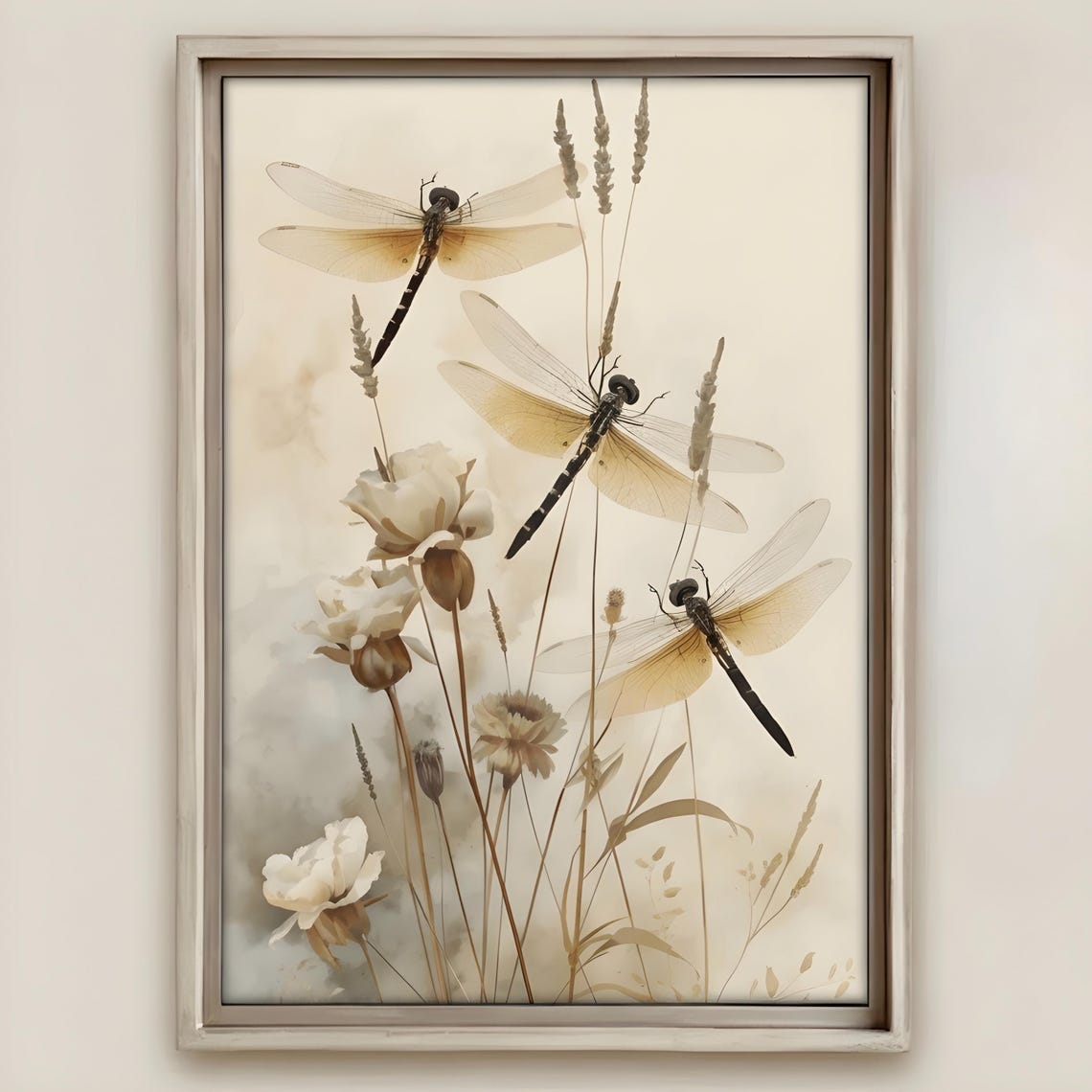 Dragonfly Wall Art Print Beige Botanical Illustration Instant