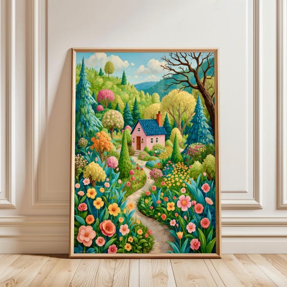 Colorful Flower Garden Wall Art Bright Summer Floral Illustration Botanical Vibrant Patchwork Decor