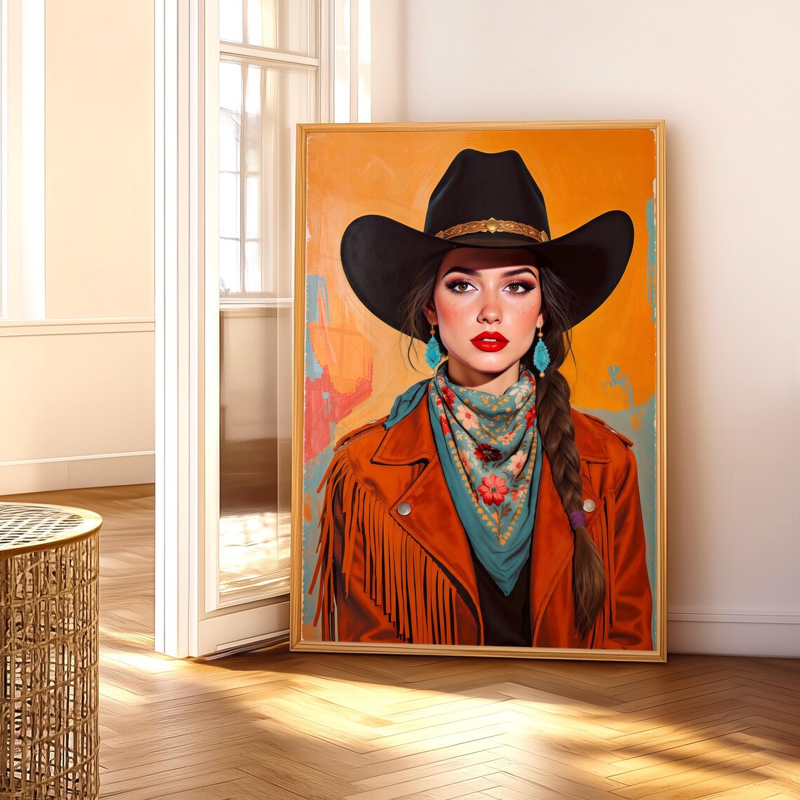 Cowgirl Western Portrait Oil Painting Turquoise Scarf Poster
