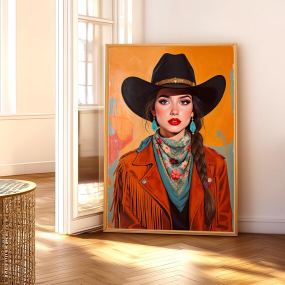 Cowgirl Western Portrait Oil Painting Turquoise Scarf Poster