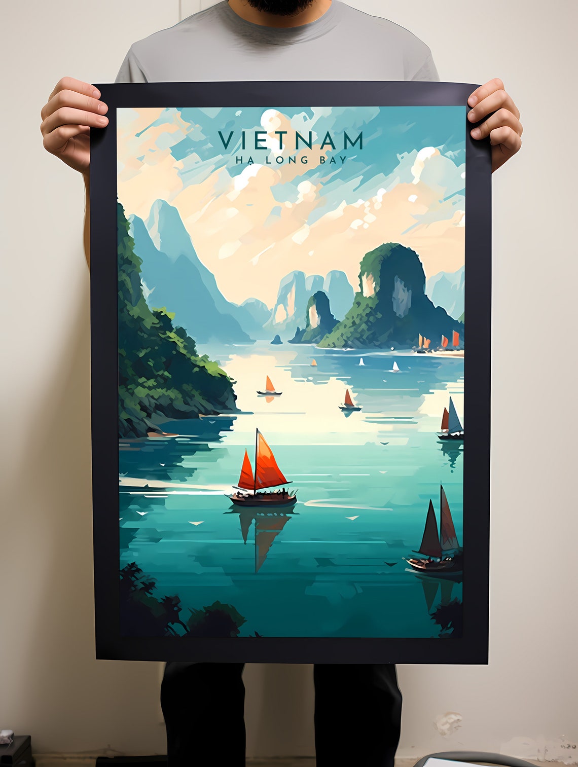 Ha Long Bay Vietnam Sailboats Limestone Karsts Vintage Poster