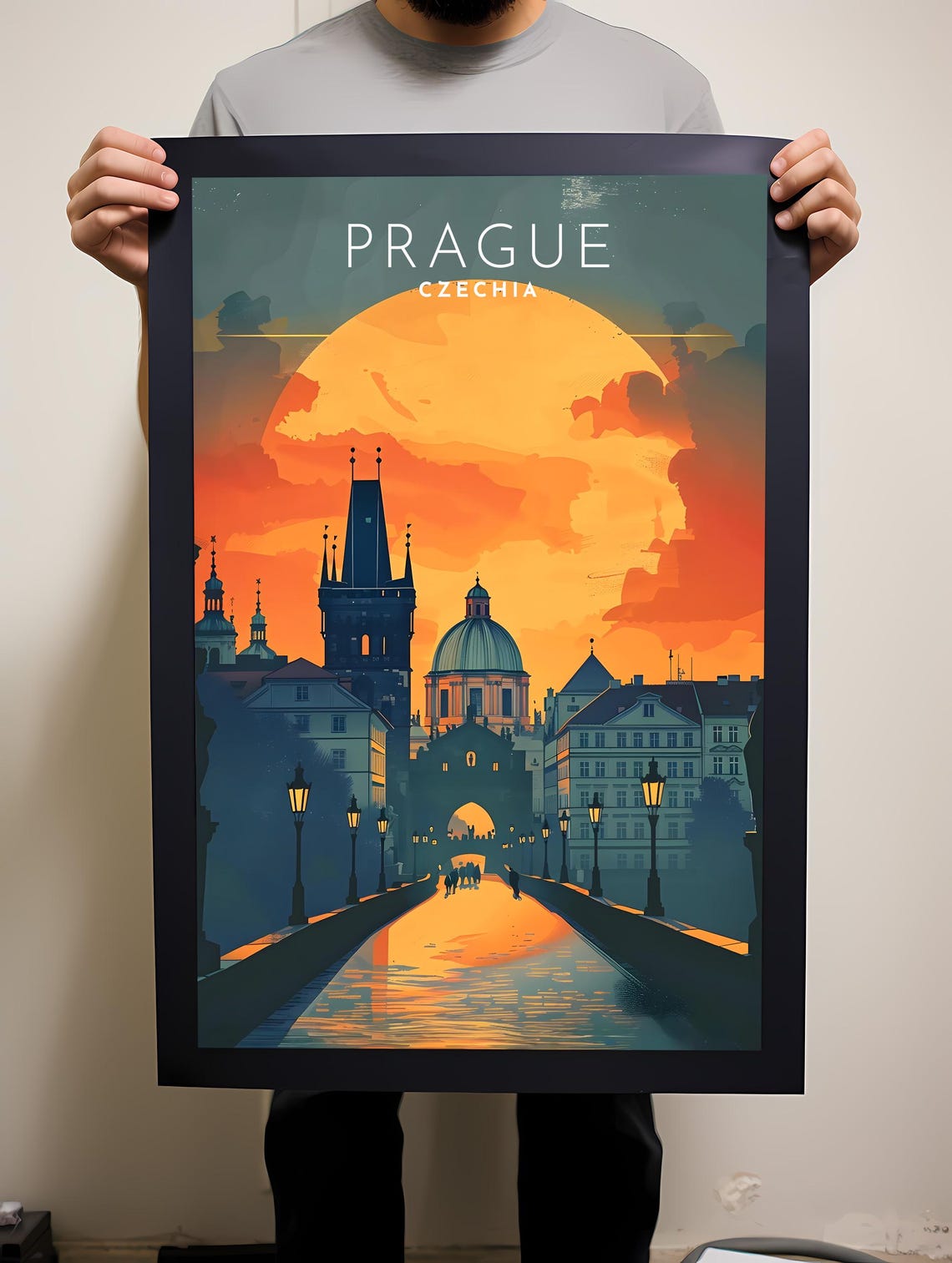 Prague Charles Bridge at Sunset Old Town Skyline Travel Poster