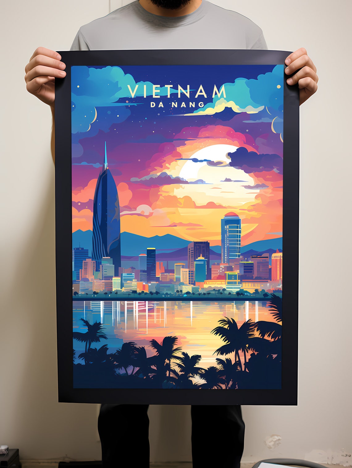 Da Nang Vietnam Colorful Palm Sunset Skyline Waterfront Poster