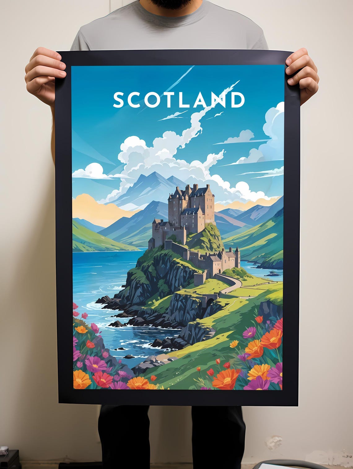 Scotland Highland Castle Sea Cliffs Retro Floral Art Travel Poster - Image 2