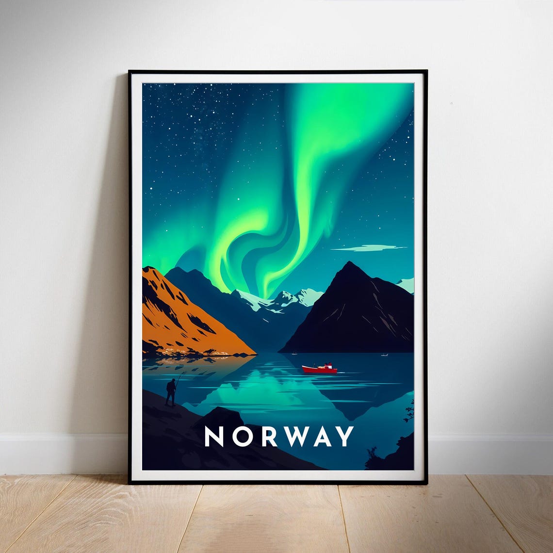 Norway Northern Lights Dancing Over Mountain Fjord Night Poster