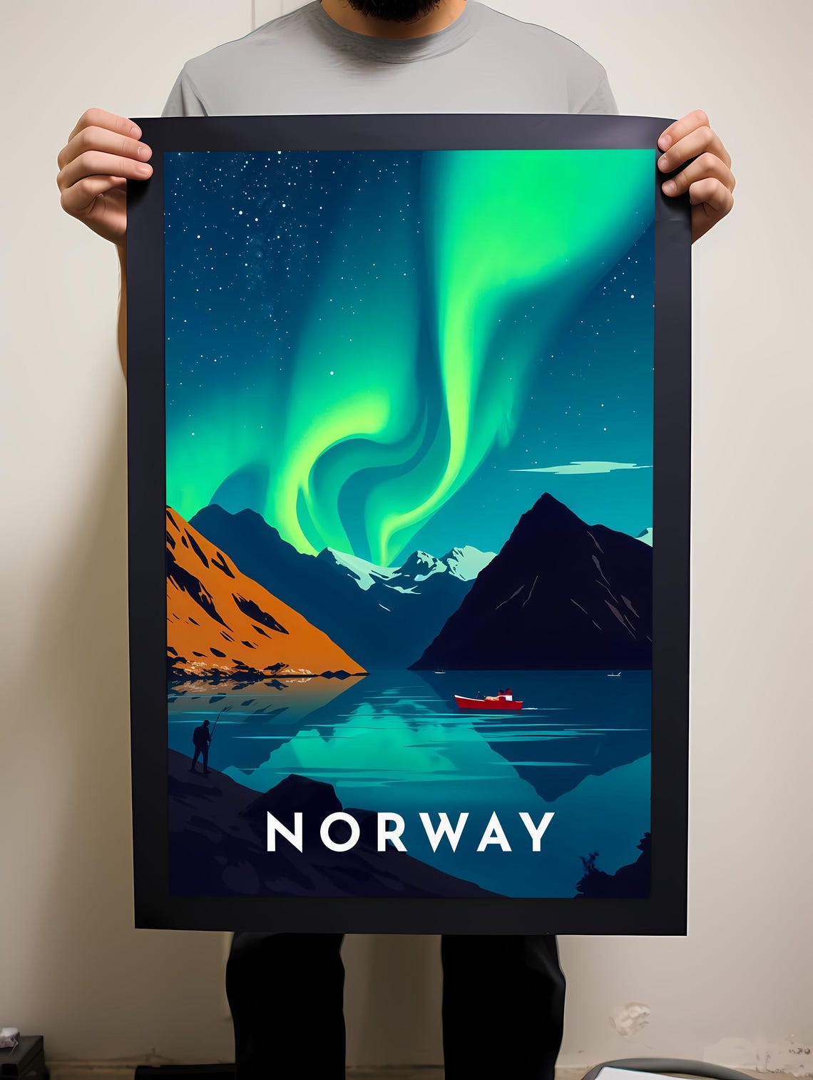 Norway Northern Lights Dancing Over Mountain Fjord Night Poster - Image 2