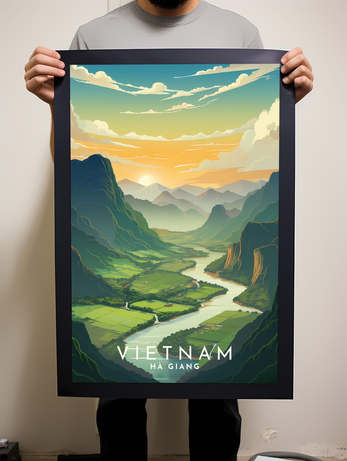 Vietnam Ha Giang River Valley Rice Terraces Sunset Illustrated Poster