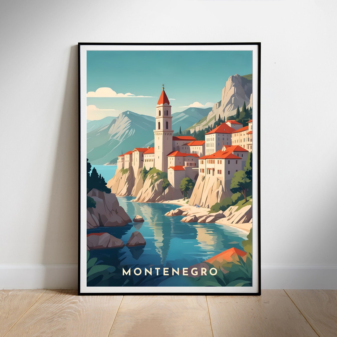Montenegro Adriatic Sea Cliffside Old Town Travel Illustration Poster