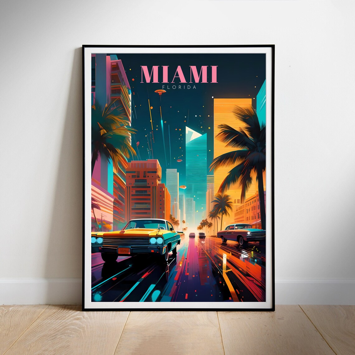 Miami Florida Neon Night Downtown Classic Cars Travel Poster