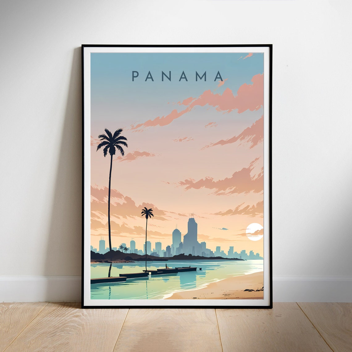 Panama Skyline Golden Sunset Palm Trees Colorful Travel Poster
