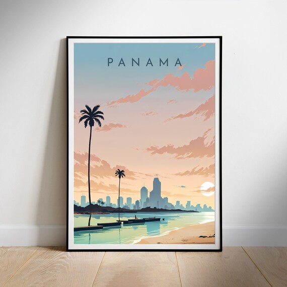 Panama Skyline Golden Sunset Palm Trees Colorful Travel Poster
