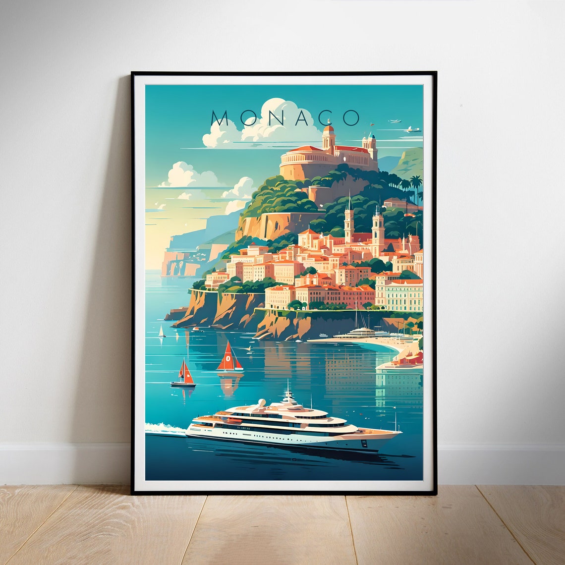 Monaco French Riviera Harbor Yacht Coastal Illustration Poster