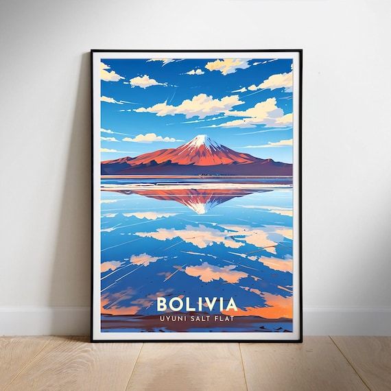 Bolivia Uyuni Salt Flat Mirror Reflection Volcano Colorful Illustrated Poster