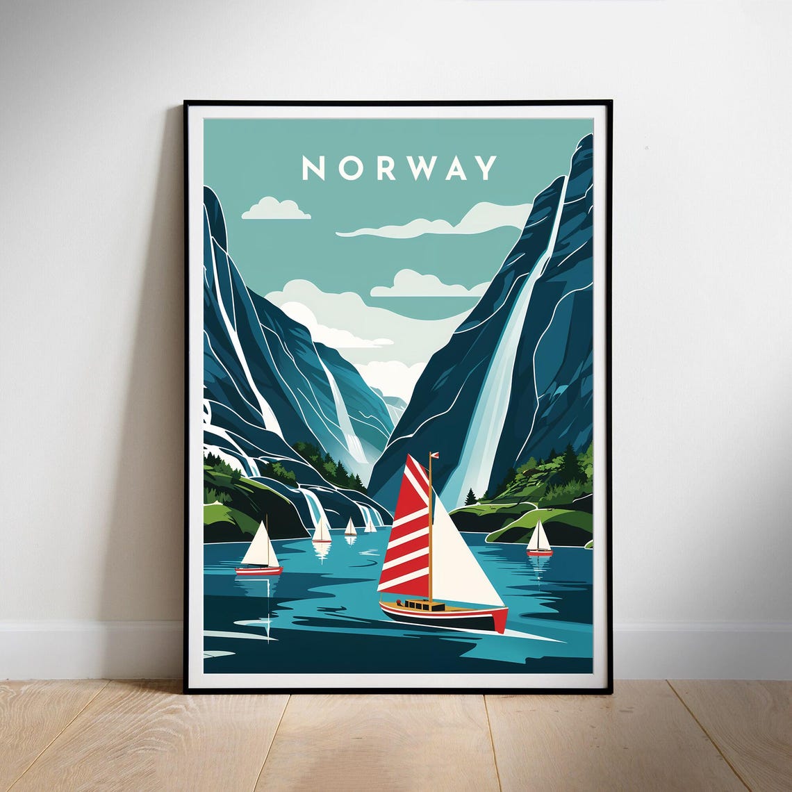 Norway Fjord Sailboats Retro Waterfalls Vintage Travel Poster