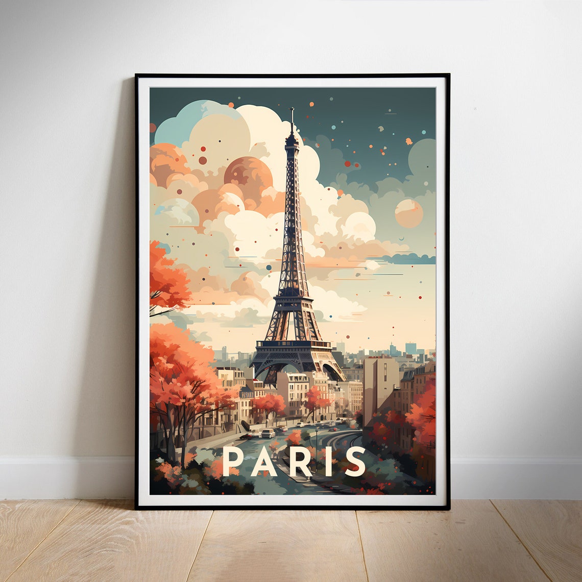 Paris Eiffel Tower Autumn Evening Vintage Style Travel Poster