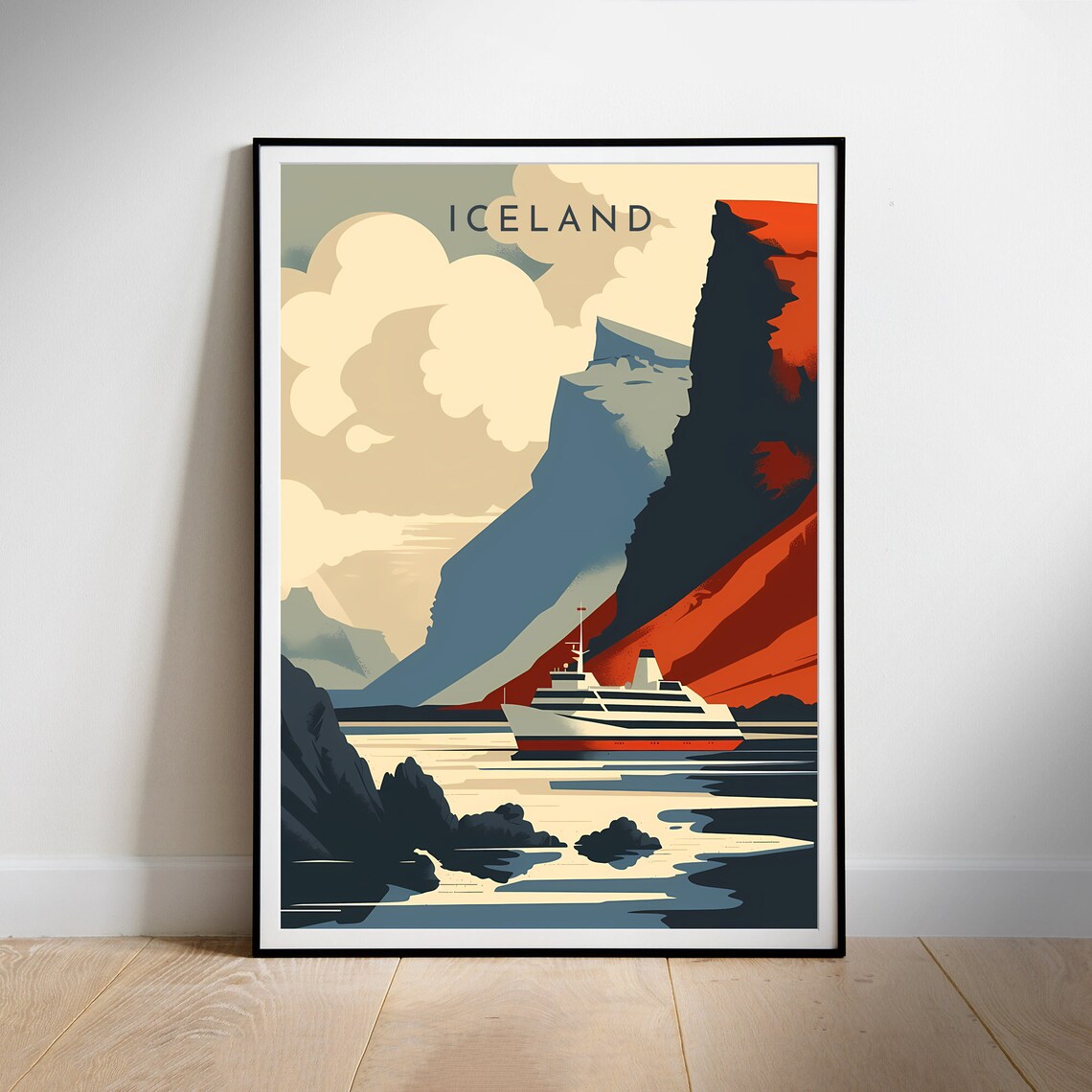 Iceland Fjord Cruise Ship Colorful Retro Style Travel Poster