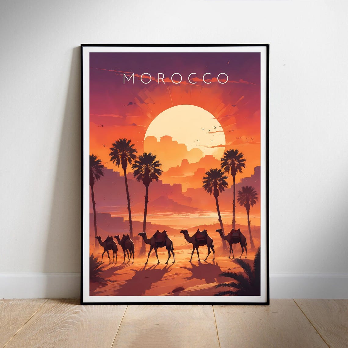 Morocco Sunset Camel Caravan Desert Illustrated Travel Poster - Image 2