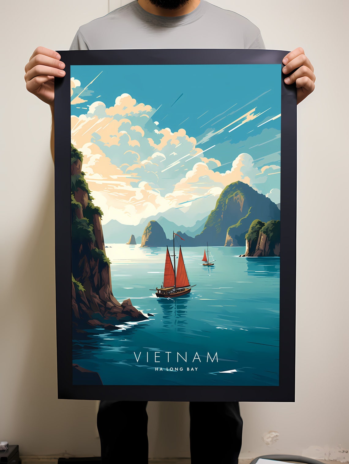 Ha Long Bay Vietnam Red Sails Junk Towering Limestone Karsts Poster