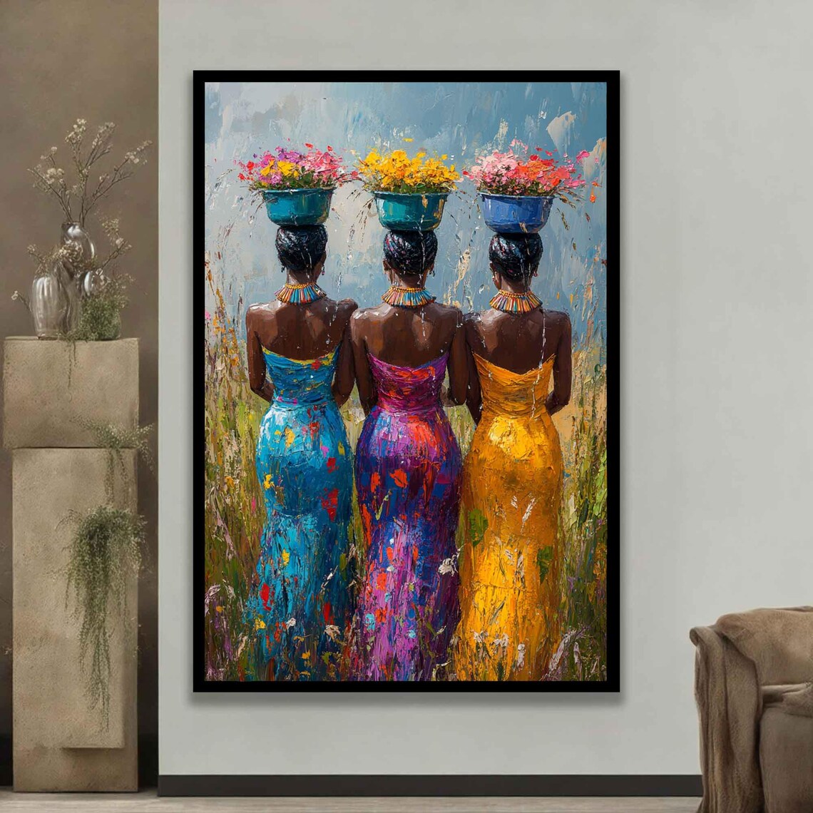 African Women Basket Wall Art Set Vibrant Tribal Artwork Multicolor Modern Home Decor Afrocentric Wall Panels Ethnic Art - Image 3