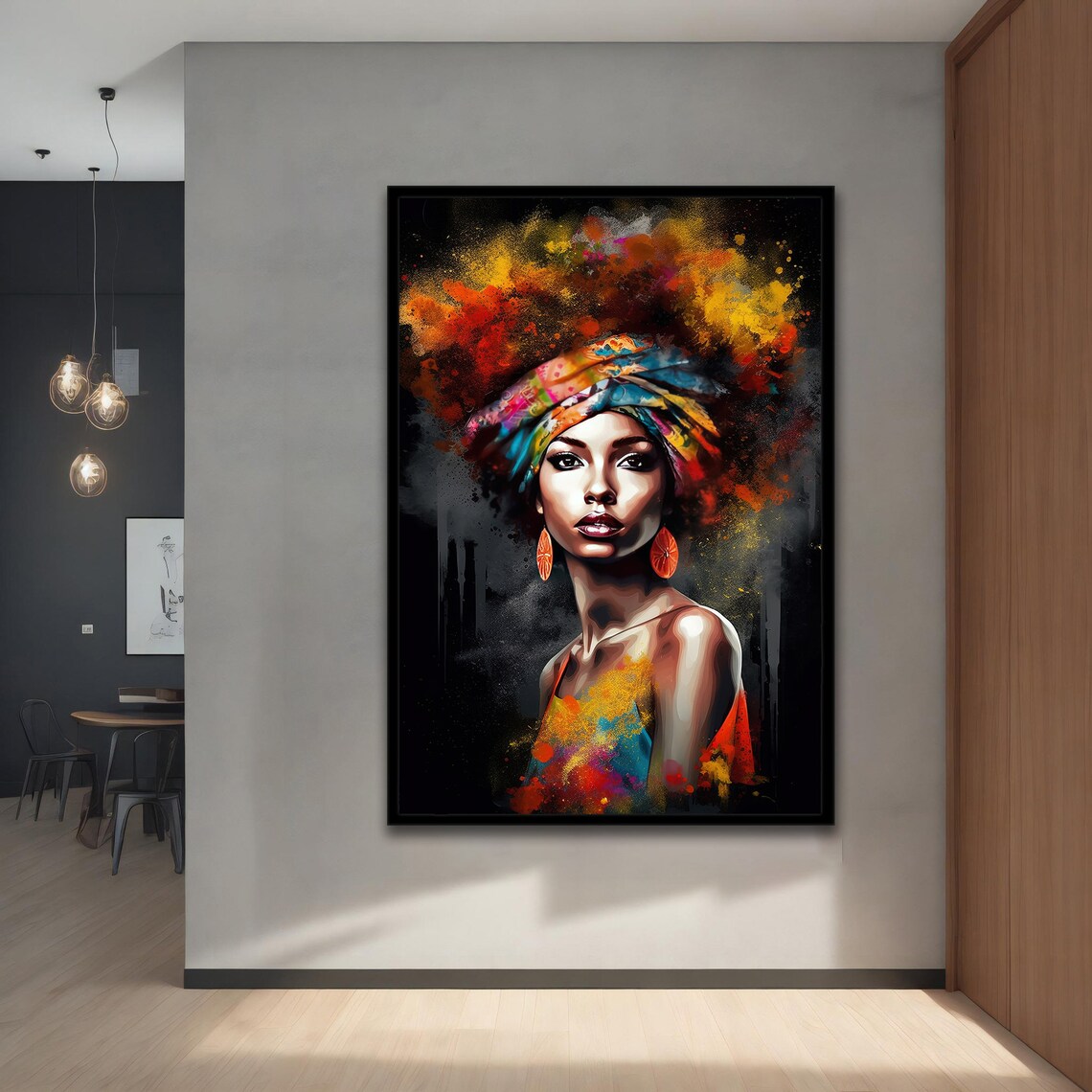 African Woman Colorful Headwrap Paint Splash Vibrant Portrait Poster