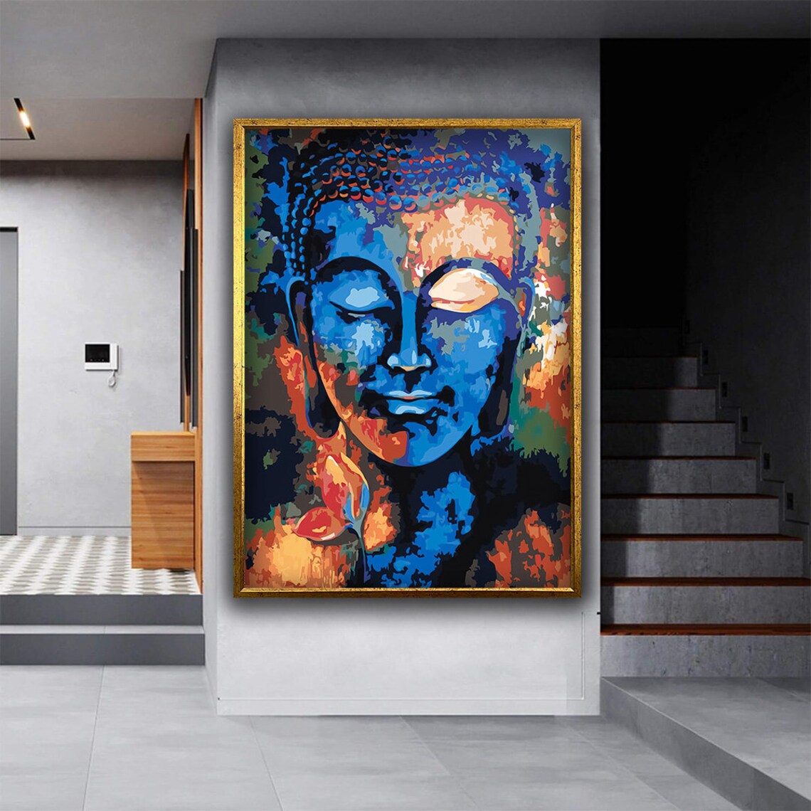 Colorful Blue Orange Abstract Buddha Face Meditation Spiritual Wall Art Poster - Image 4