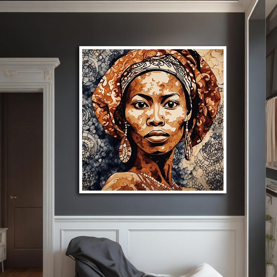 African Woman Headwrap Portrait Warm Brown Ink Texture Art Wall Print - Image 3