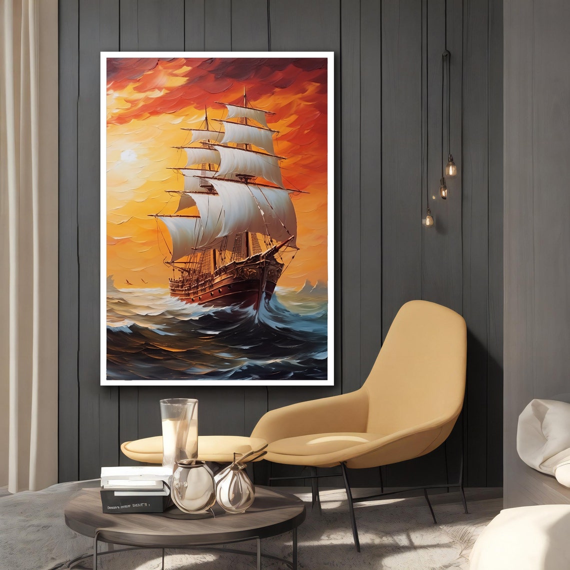 Tall Ship White Sails Dramatic Orange Sunset Clouds Ocean Art Poster - Image 5