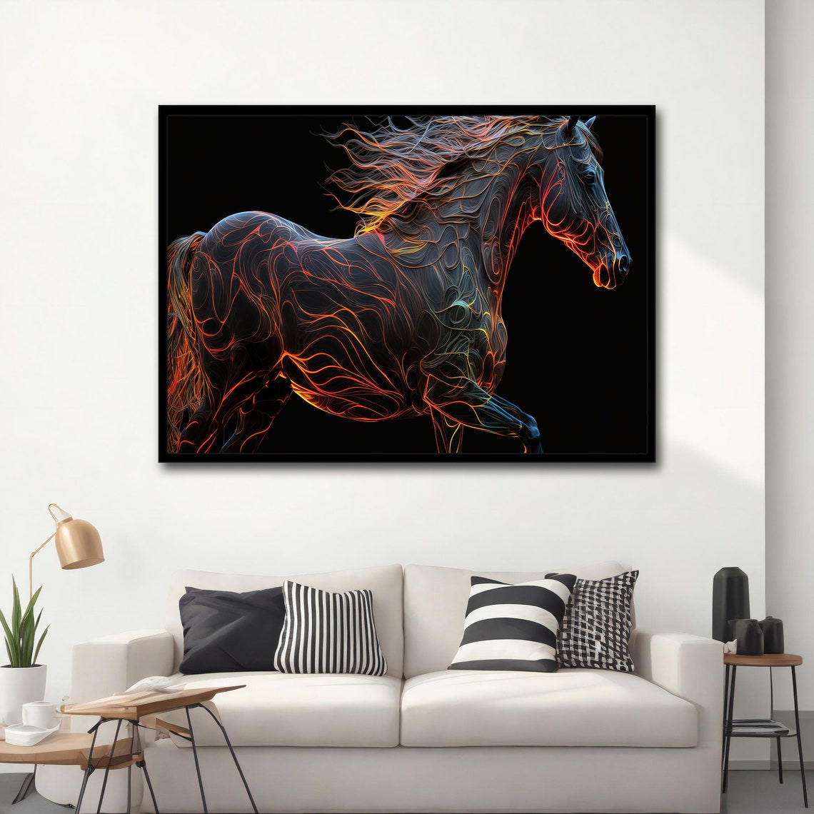 Black Horse Galloping Neon Orange Line Patterns Dark Background Poster - Image 4