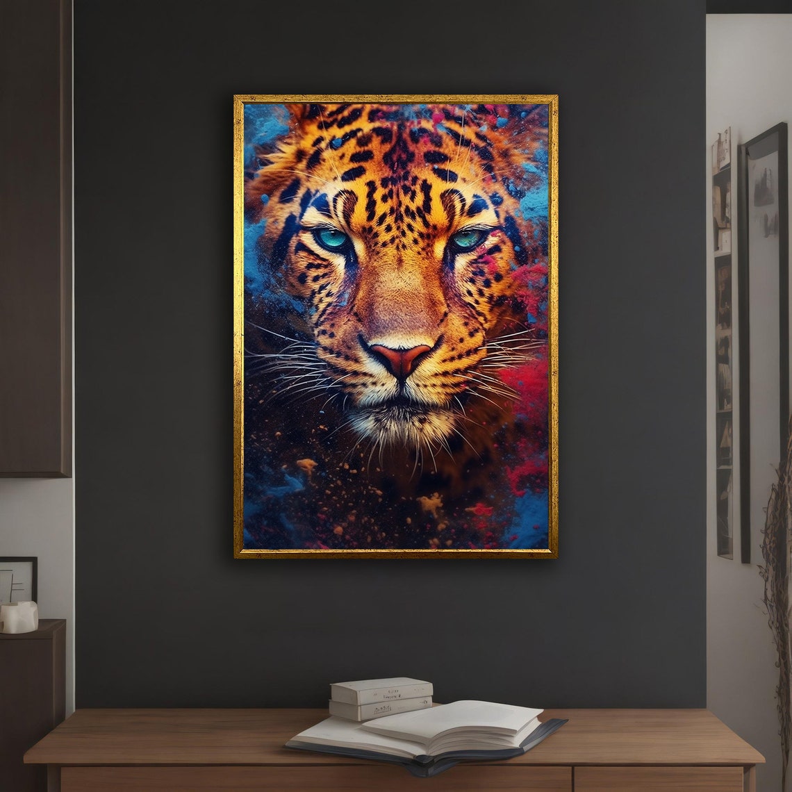 Leopard Face Close Up Turquoise Eyes Blue Red Splash Paint Poster - Image 2