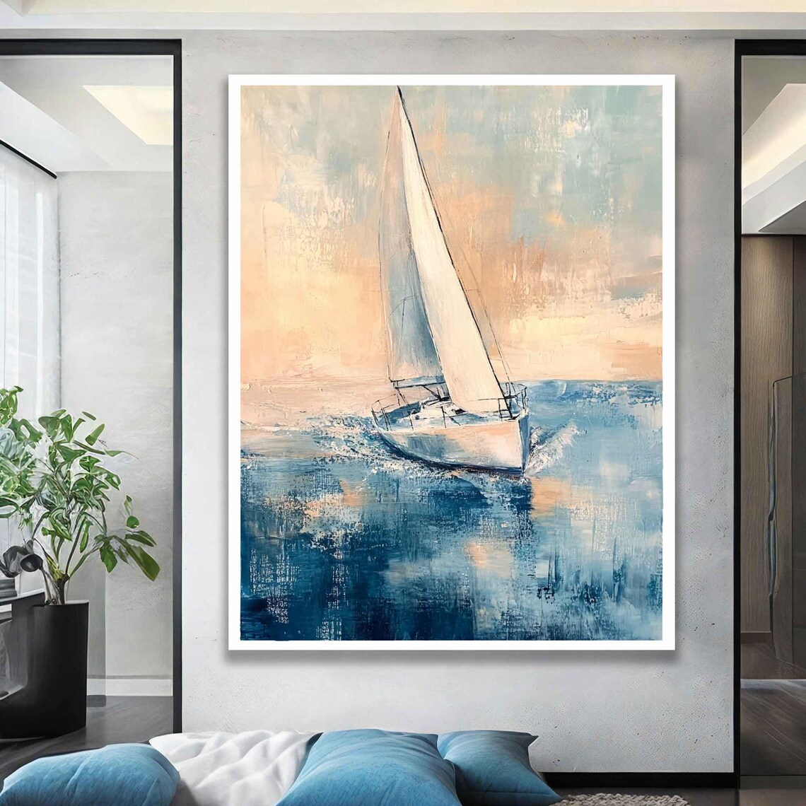 Sailboat Ocean Sunrise Pastel Oil Painting Modern Nautical Wall Art - Image 3