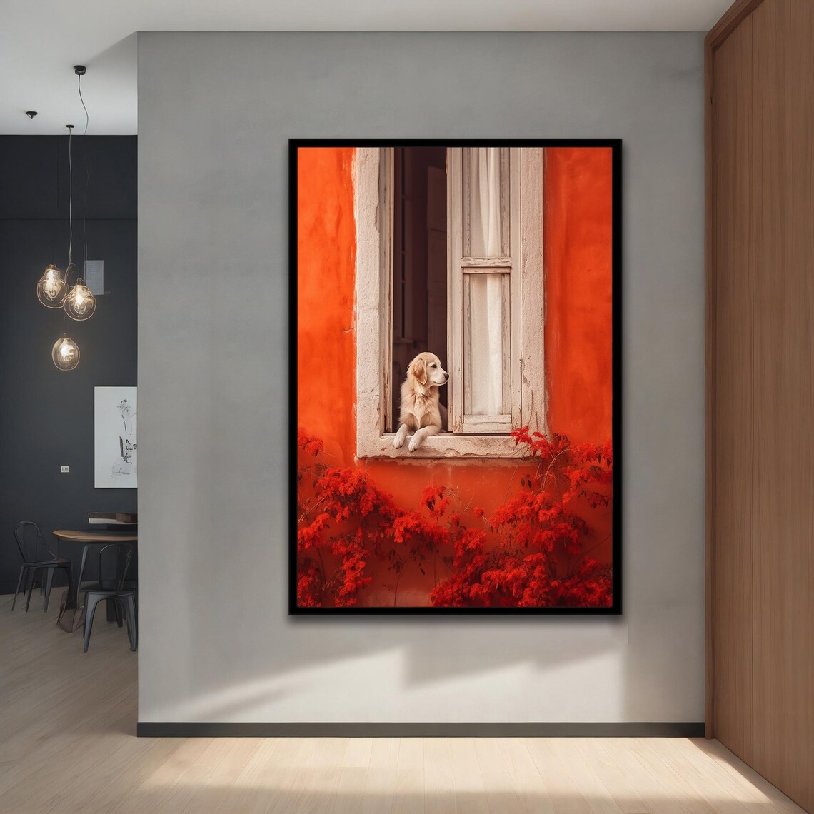 Golden Retriever Puppy Looking Out Window Orange Wall Photo Print - Image 4