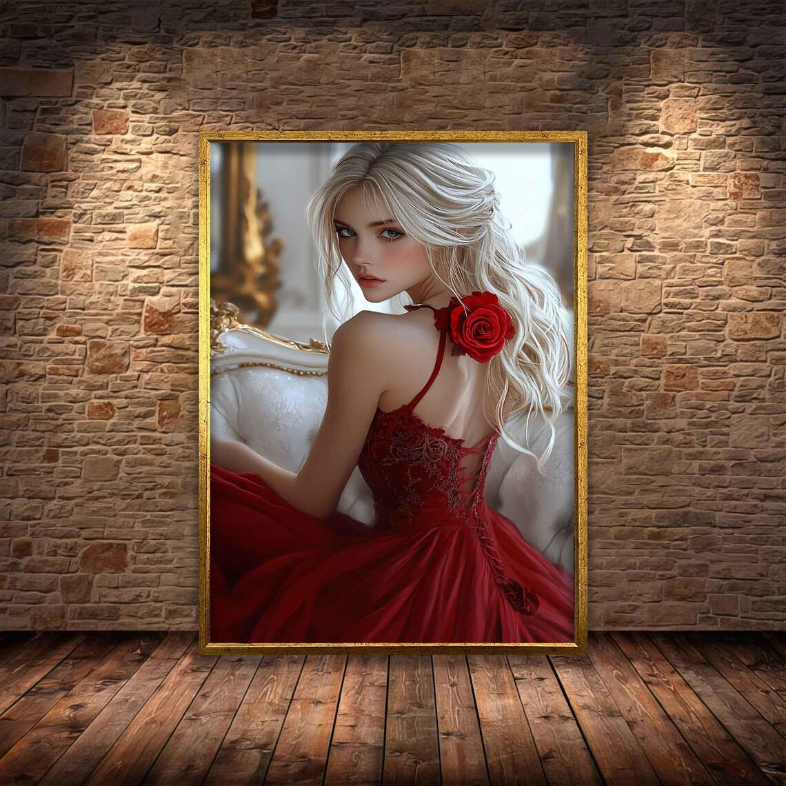 Blonde Woman Red Rose Gown Romantic Portrait Looking Back Elegant Art Poster
