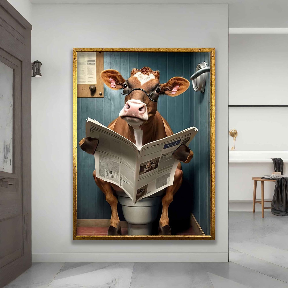 Painting Of A Cow Reading The Newspaper On The Toilet Funny Cow Painting Cow Poster Pop Art Cow Art