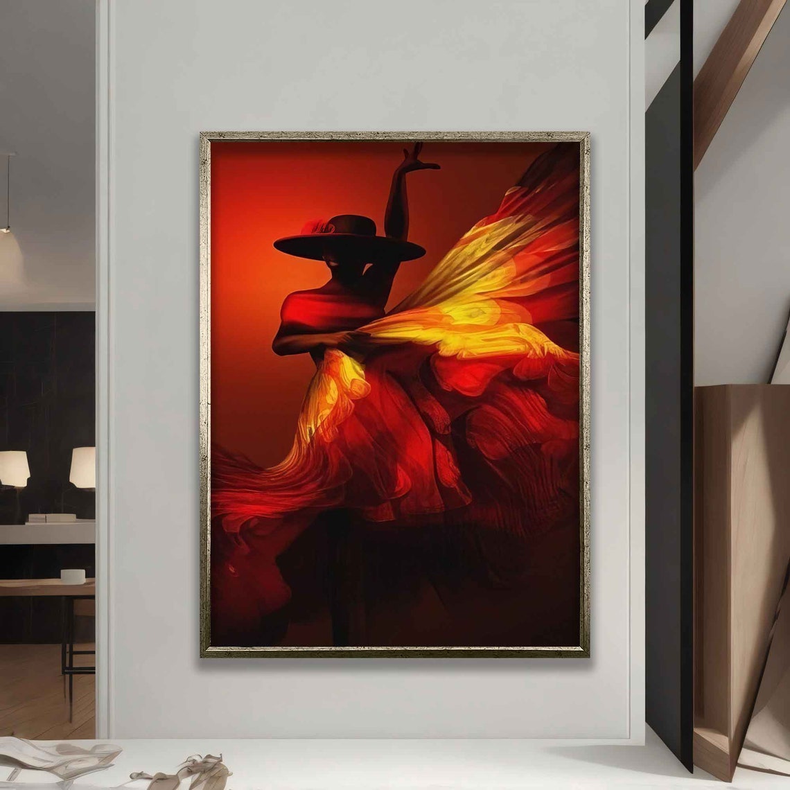 Flamenco Dancer in Hat Fiery Red Dress Silhouette Art Wall Poster - Image 5