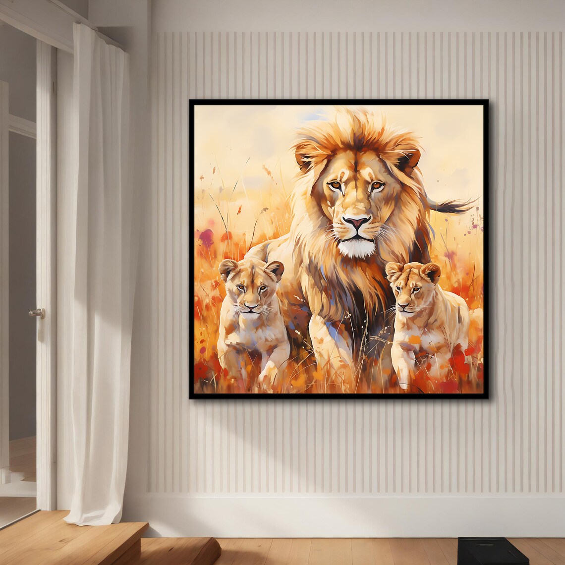 Male Lion With Two Cubs Golden Grassland Wildflower Painting Poster