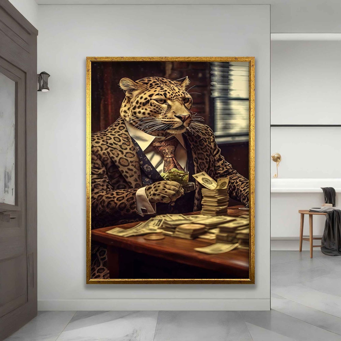 Dapper Leopard in Suit with Cash Money Stacks Funny Wall Poster