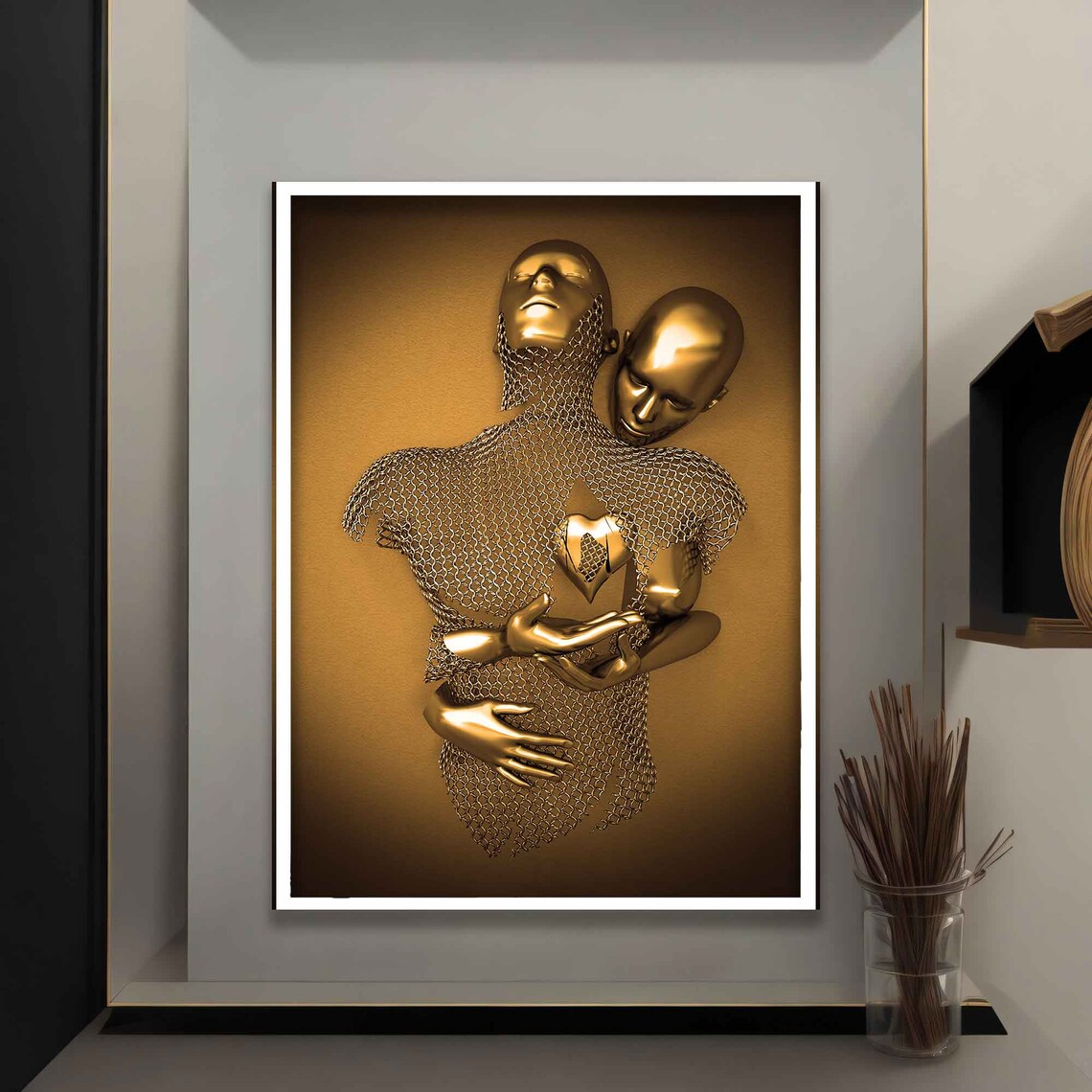 Bronze Heart Love Couples Sculpture, Wall Art Print - Image 5